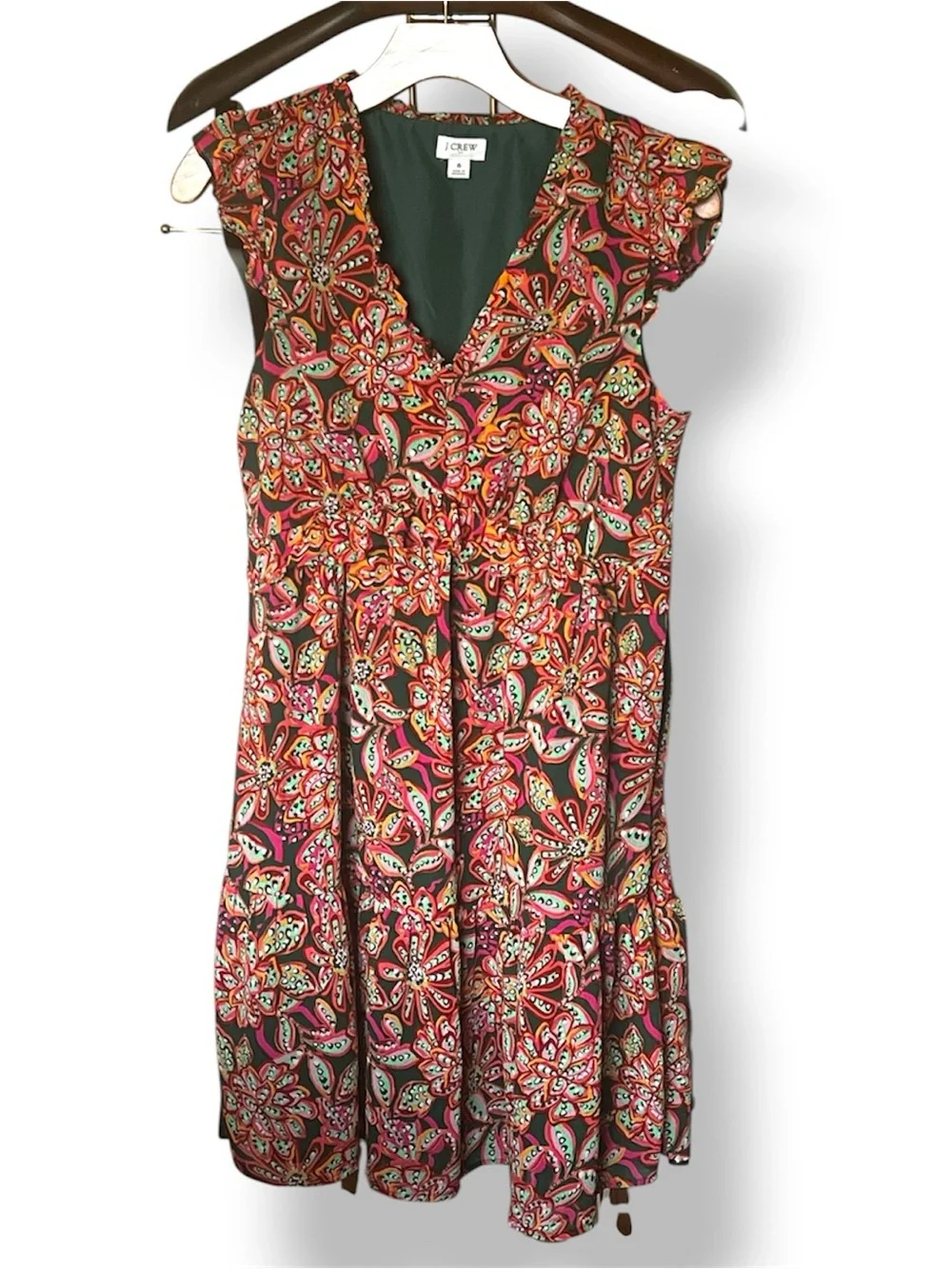 J. Crew Pink/ Green V- Ruffled Neck Mini Dress Size 6.